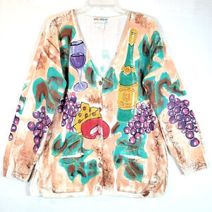 Kolorway Womens Hand Painted Food Wine Knit Cardigan Size 1 Beige Art-to-Wear